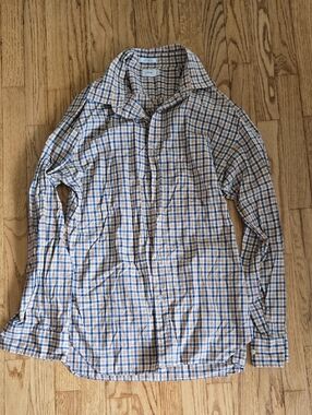 J. Crew Peach and Navy Check Cotton Button-Up Size Large